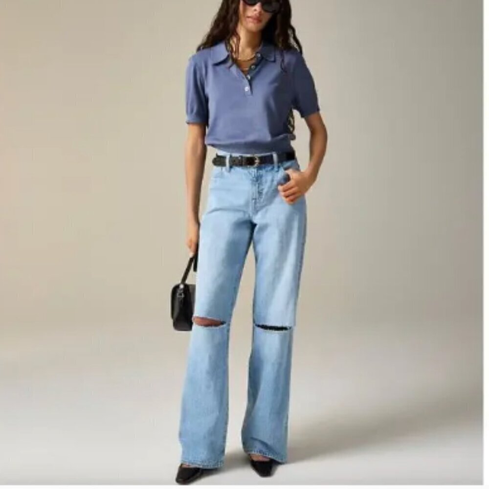 J.Crew Petite Lower Rise Distressed Wide Leg Jean Blue Synniva Wash US 32P NWT.